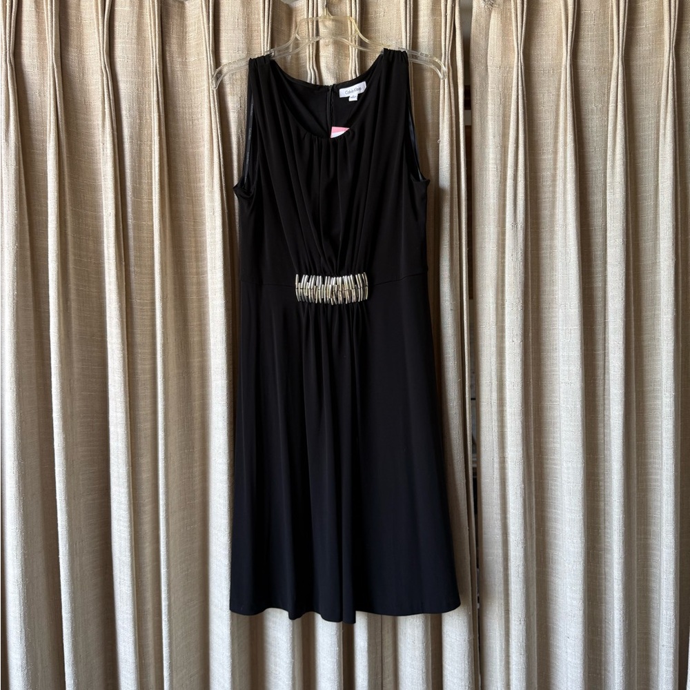Calvin Klein Black Sleeveless Midi Dress with Metallic Waist Accent